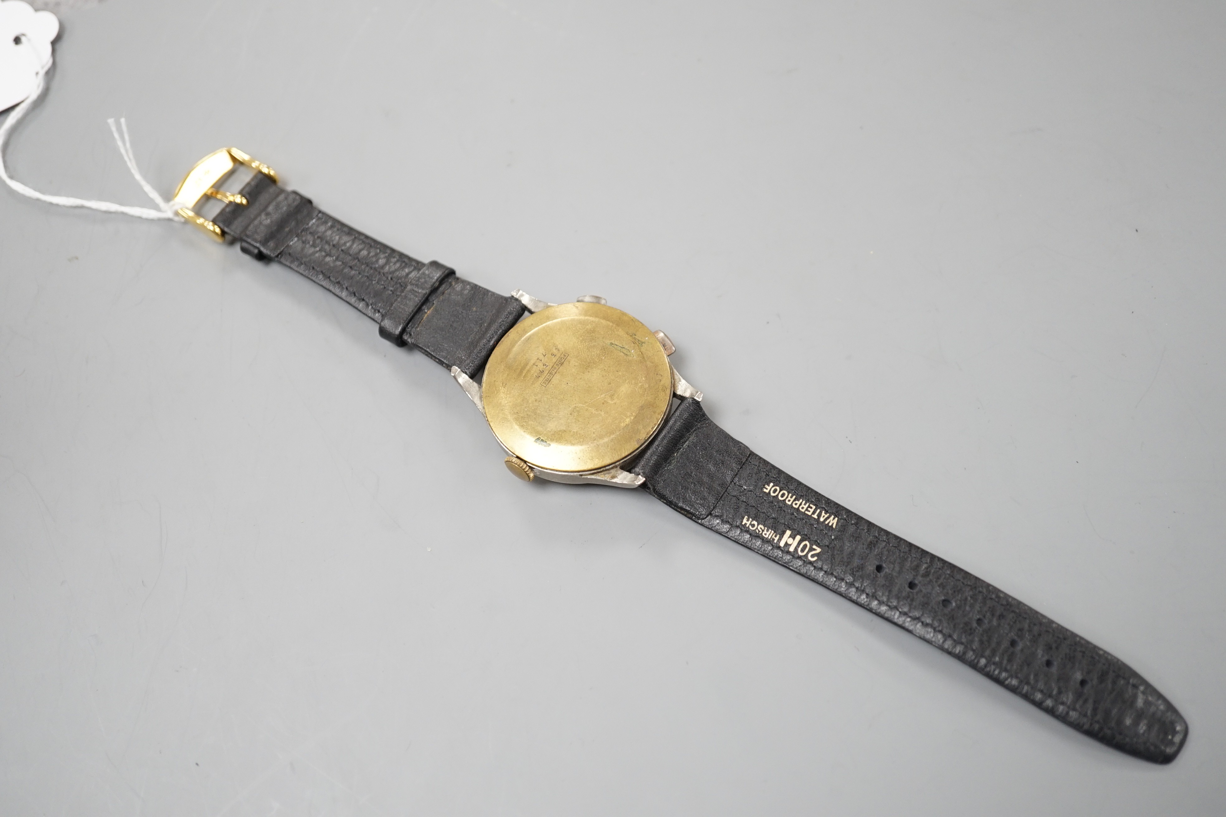 A gentleman's mid 20th century stainless steel Mentor chronograph wrist watch, on associated leather strap.